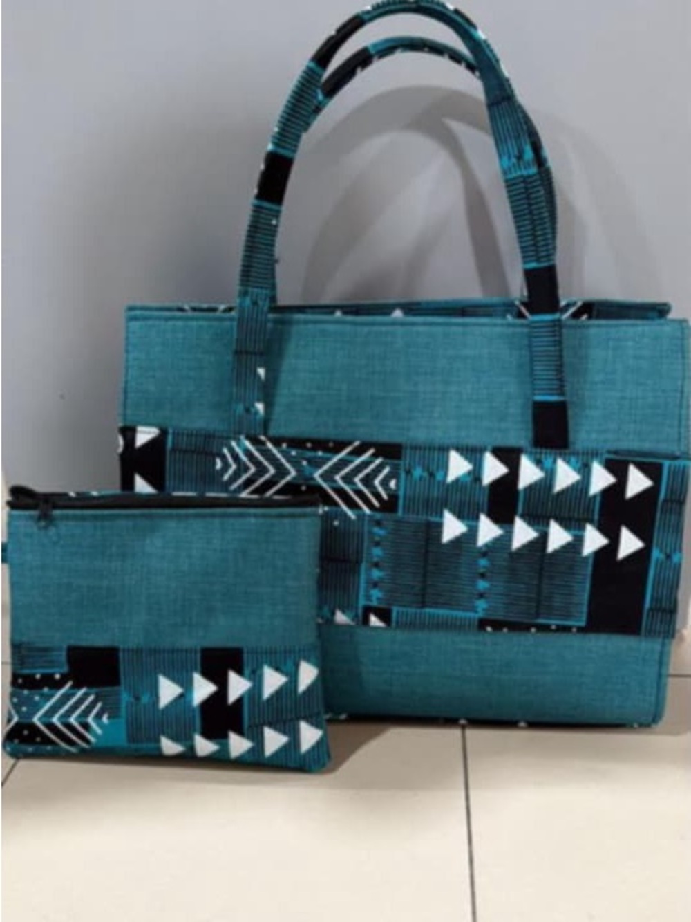 Teal Patterned Shoulder Bag with Matching Pouch - Women's Tote